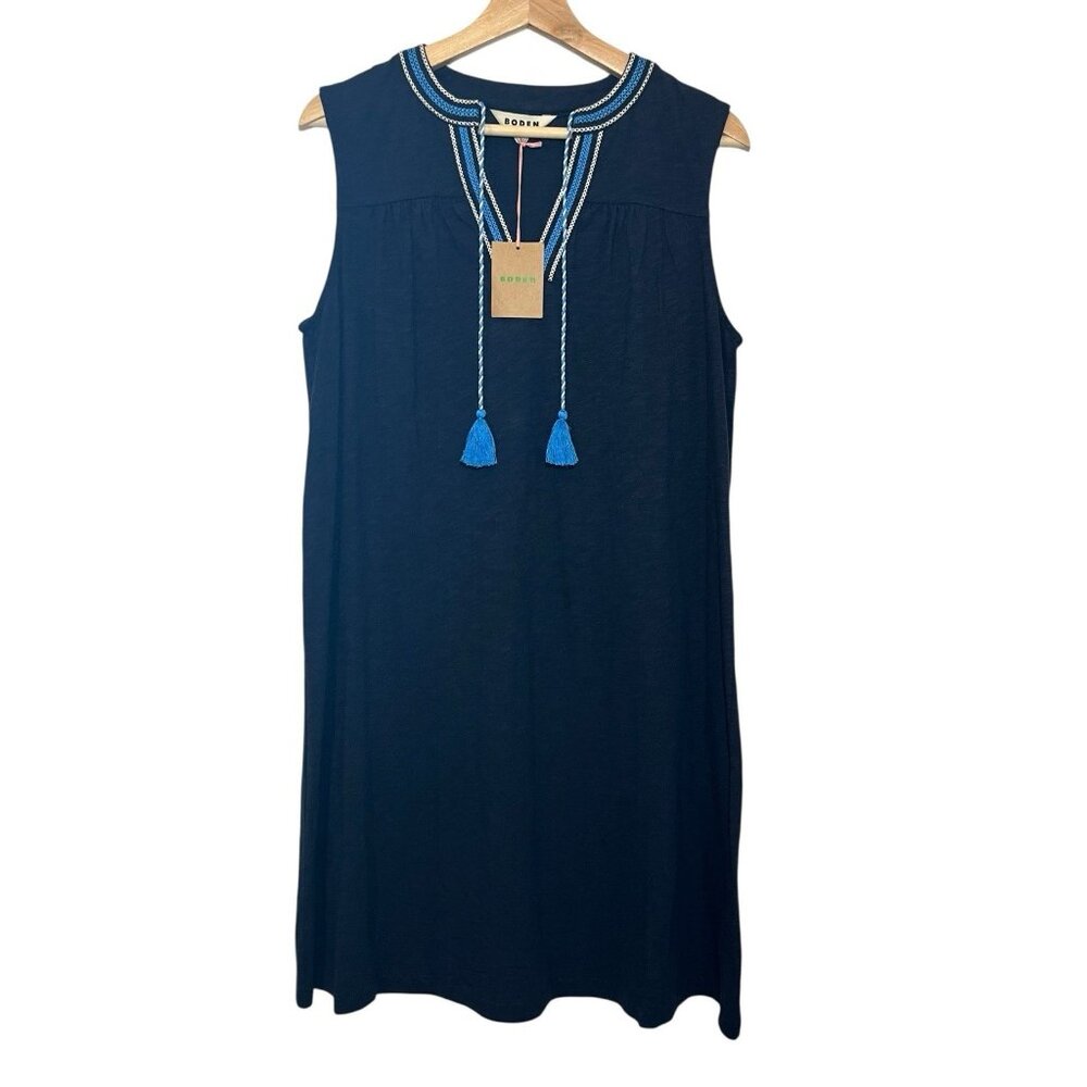 Boden Women’s Nadine Notch Sleeveless Mini Dress Size 8 Blue Embroidered Cotton - Picture 3 of 15